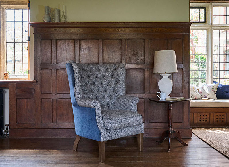 Whitewell Chair in Gertrude Jekyll Lattice Navy with Seat Back and Arms in Mohair Petrol